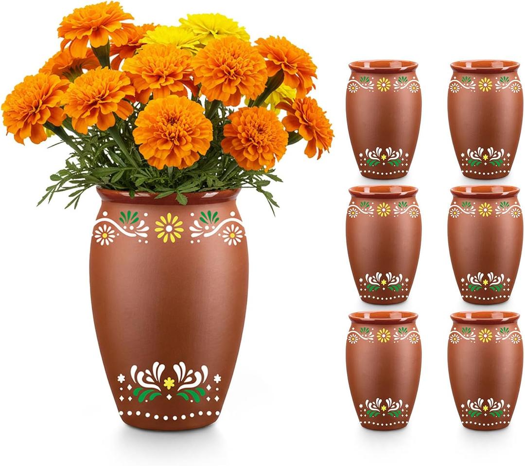 6Pcs 15oz Cantaritos De Barro,Dia De Los Muertos Vases Set,Terracotta Vase for Mexican Decor,Jarritos De Barro Mexicanos Pottery Cocktail Glasses for Tequila,Margaritas (Flowers)