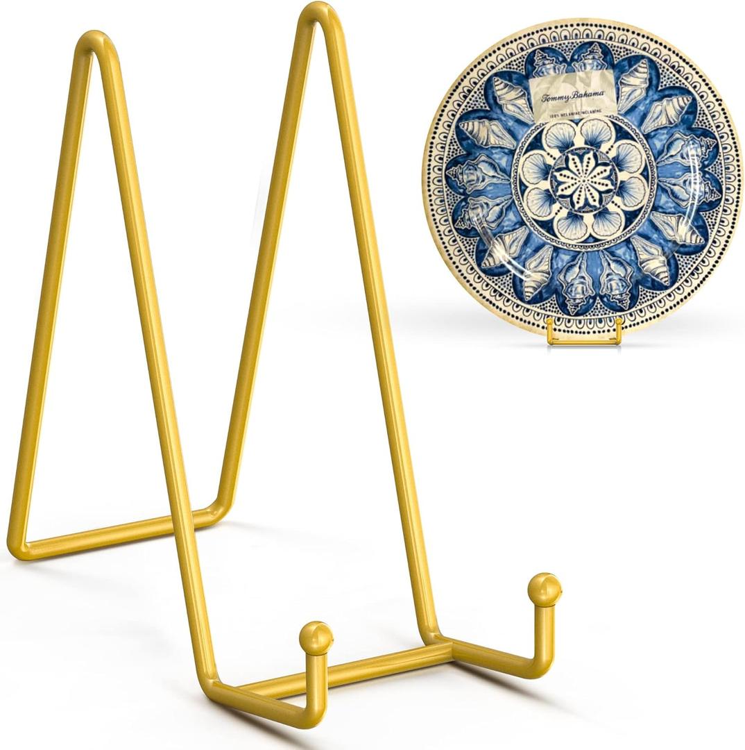 2 x TR-LIFE 8 Inch Large Plate Stands for Display - Metal Plate Holder Display Stand + Frame Holder Stand for Picture, Decorative Plate, Platter, Plaques, Book, Photo Easel Tabletop (Gold 2 Pack)