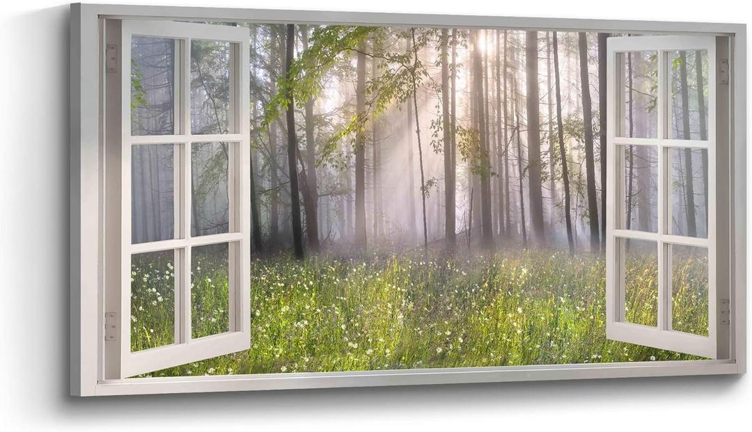 Landscape Window Wall Art Canvas: Relaxing Sunrise Forest Picture Misty Tree Painting Photograph Large Nature Wildflower Scene Giclee Print Artwork for Living Room Bedroom Home Decor