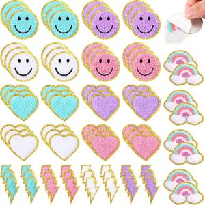 Hanaive 80 Pcs Chenille Letter Patches Self Adhesive Iron on Patch 3D Cute Embroidered Rainbow Smile Face Heart Applique Sewing Badges Patch for Fabric Clothing Jacket DIY(Soft Color,Cute)