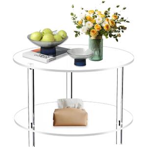 Modern Clear Acrylic Round Side Table,2 Tier Detachable End Table,15.75" Wide Drink Table for Small Spaces,Acrylic Coffee Table for Living Room, Bedroom,Study Room Round,Easy Assembly,Clear