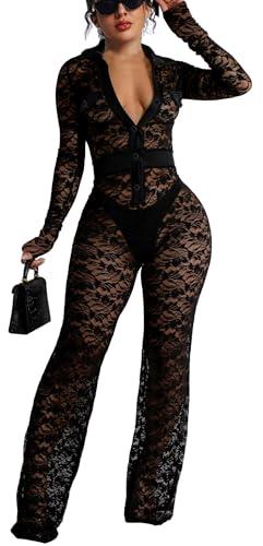 See Through Black Floral Lace Jumpsuit for Women Evening Party Sexy Bodycon Long Sleeve Long Skinny Clubwear Jumpsuits Button Down(XX-Large)