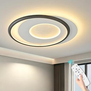 Modern Black LED Ceiling Light with Remote, 18.1" Flush Mount Ceiling Light, Dimmable 3000K-6000K with Night Light Mode, Ceiling Lamp for Living Room, Bedroom, Kitchen, Hallway & Entryway