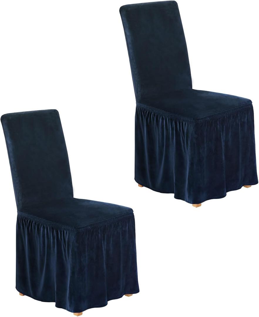 NICEEC Spandex Chair Covers for Dining Chairs Covers Set of 2 Removable Dining Room Chair Covers with Skirt Parson Chair Slipcovers Washable Chair Protector for Kitchen Wedding Party(Navy Blue)