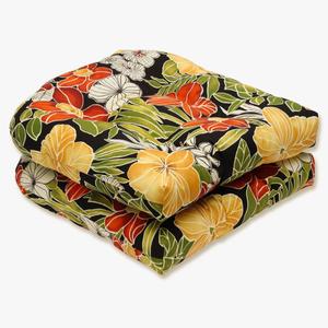Pillow Perfect Tropic Floral Indoor/Outdoor Chair Seat Cushion, Tufted, Weather, and Fade Resistant, 19" x 19", Black/Green Clemens, 2 Count