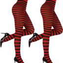 MANZI Striped Tights for Women Footed Stretchy Opaque Pantyhose for Halloween Xmas 2 Pairs (One Size, Black+red)
