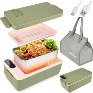 Cordless Electric Lunch Box, Cordless Food Warmer, Battery Powered Heated Lunch Box, 1L 304 Stainless Steel Container, Warming Time Selectable, HD Display (Green)