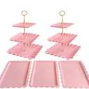 5 Pcs Cupcake Stand Set - Pink Plastic Dessert Table Display Set, 2x Pink Square 3 Tier Cupcake Display Stands Cookie Tray Rack Serving Tower & 3x 14 in Plastic Trays for Wedding Baby Shower Tea Party