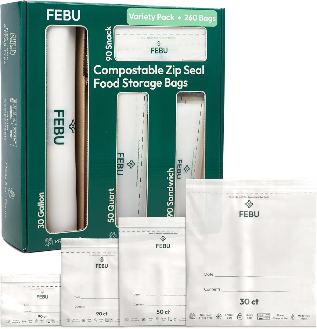 FEBU Compostable Food Storage Bags Variety Pack, 260 Count | Compostable & Biodegradable | PFAS & BPA Free, Non-Plastic | Drawer Organizer Box | 90 Snack, 90 Sandwich, 50 Quart, 30 Gallon