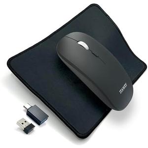 ITAWEY Wireless Mouse and Pad Combo, Dual Mode Bluetooth 5.2 and USB Receiver 2.4G, Rechargeable, Quiet Clicks, Compact, 1600 DPI High Precision Steel Scroll Wheel for PC Laptop Tablet - Black, Slim