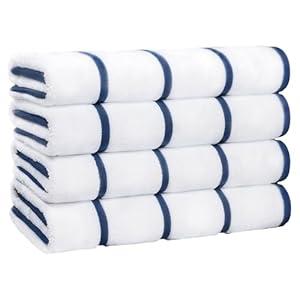 White Classic Cotton Pool Towels Oversized 30 x 60 Inches, Ultra Absorbent and Low Lint Striped Beach Towels for Adults, Stripes Design Luxury Extra Large Bath Towels, Navy Blue, 4 Pack