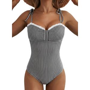 Herseas Womens Striped One Piece Swimsuits Tie Shoulder High Cut Tummy Control Bathing Suit 2026 Summer Beach Swimwear (Gray, M)