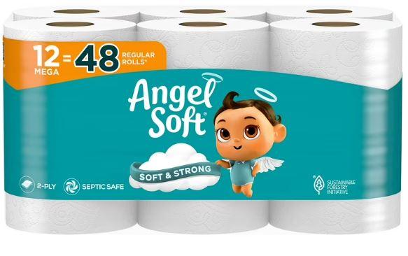 Angel Soft Toilet Paper, 12 Mega Rolls = 48 Regular Rolls, Soft and Strong Toilet Tissue
