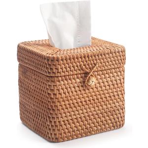 Rattan Tissue Box Cover Natural Woven Facial Napkin Holder Square with Lid 5.7 x 5.7 x 5.5 Inch (Natural)