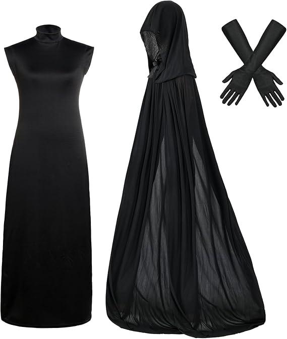 hoyuwak Black Witch Costume for Women Halloween Vampire Dress Up Accessories (Including Mesh Hooded Cape, Dress, Gloves) S