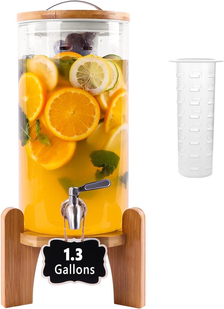 1.3 Gallon Drink Dispenser, Glass Beverage Dispenser with Wood Stand, Lemonade Dispenser with Airtight Valve and Stainless Steel Spigot Fruit Infuser, Thick Drink Dispenser for Parties Restaurants