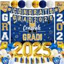 Lemoneon Class of 2025 Graduation Decorations Blue & Gold Party Supplies Favors with Banner Background 2025 Foil Balloons Tassels Pom Poms Star Balloons