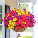 Dolicer Look Real Artificial Hanging Flowers for Outdoors, Realistic Artificial Flowers for Outdoors with Basket UV Resistant Fake Hanging Flowers Plants for Outdoor Porch Deck Patio Balcony Garden (1 Pack, Purple-yellow-red)