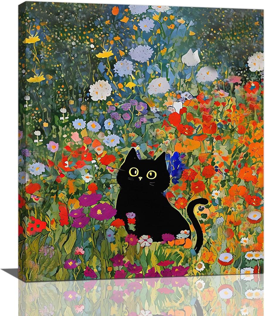 Funny Black Cat Pictures Wall Art, Flower Filed Bathroom Wall Decor, Floral Framed Painting Canvas Artwork for Bathroom Bedroom Living Room Decorations 16" L x 12" W