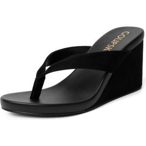 Suede Wedge Flip Flops for Women Open Round Toe Platform Sandals Slip On Comfortable Wedge Heels Sandals for Summer Vacation Beach Shoes (Black, 7)