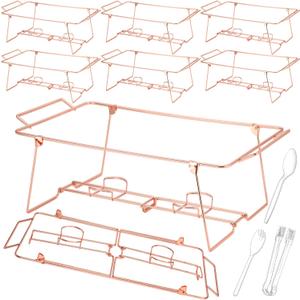 Geosar 32 Pack Wire Buffet Rack Stand Folding Chafing Stand Chrome Frame Serving Trays Food Warmer with Plastic Tong Fork and Spoon for Christmas Thanksgiving Home Party Catering Supplies (Rose Gold), one size