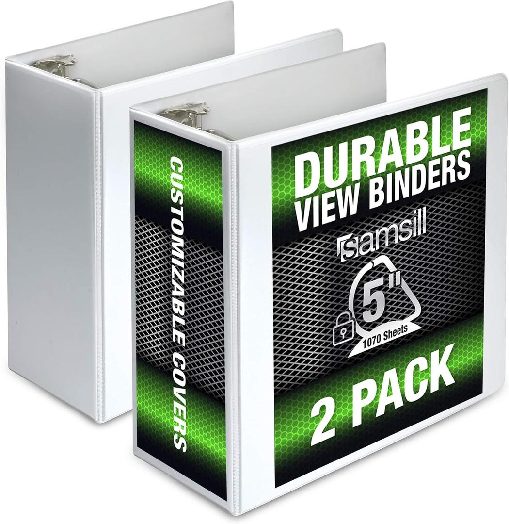 Samsill Durable 5 inch 3 Ring Binder, Locking D Ring 100% Recycled Chipboard, White, 2 Pack
