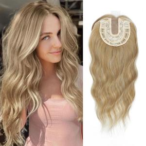 UDU 20" Wavy Ombre Highlight Synthetic Hair Topper for Women with Thinning Hair with Fringe Bang Adds Volume Change Hairstyle Champagne Blonde with Highlights