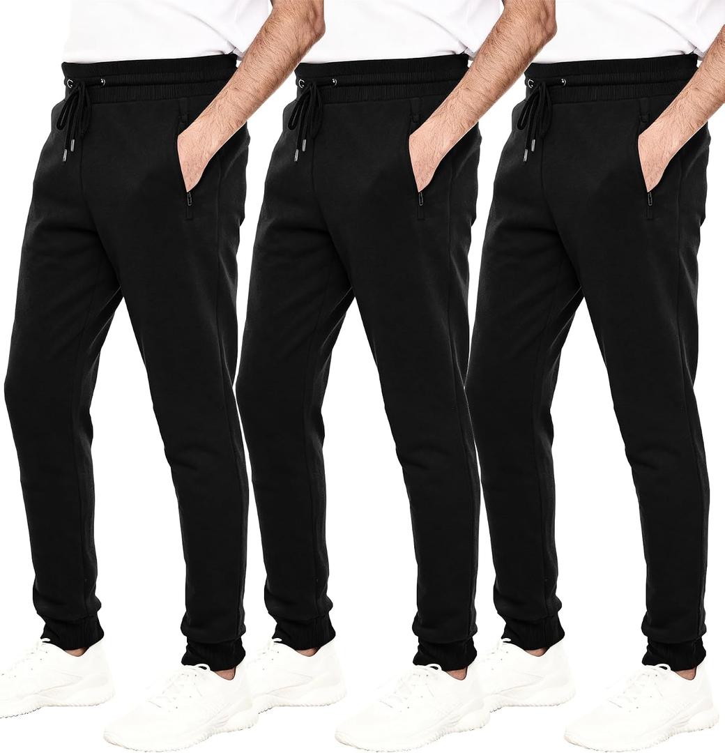 WHITE PEAK TRADING COMPANY Mens Joggers with Pockets, 3 Pack Fleece Casual Sweatpants for Men Athletic Pants with Drawstring (Black, XL)