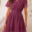 PRETTYGARDEN Womens 2026 Summer Short Dress V Neck Short Sleeve A Line Hollow Out Lace Cute Casual Beach Party Spring Dresses (S)