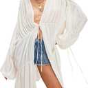 Women Swimsuit Coverup Flowy Ruched Bell Sleeve Beach Cover Up Tops Summer Casual Long Chiffon Front Tie Cardigan(Ivory,M) (White, M)
