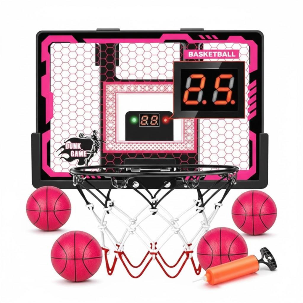 Indoor Basketball Hoop Pro,Basketball Hoop Over The Door - Upgraded Anti-Impact Backboard, with LED Light/Scoreboard/4 Balls-Basketball Toys Pink