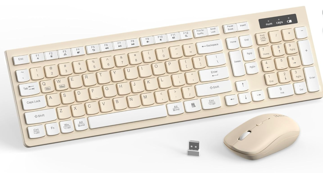 Wireless Keyboard and Mouse Combo, FullSized Wireless Keyboard and Adjustable DPI Mouse, 2.4GHz USB Receiver, Keyboard and Mouse for PC, Windows, Desktop, Laptop (Latte Color)