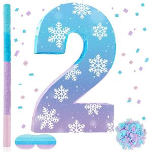Halloscume 20 Inch Purple Blue Snowflake Number Piñata Wonderland Snowflake Piñata Large Fairy Tale Snowflake Piñata with Stick Blindfold Confetti for Christmas Winter Birthday Party Supply(Two)