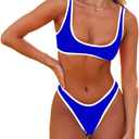 SherryDC Women's Sexy Scoop Neck Bikini Sets Color Block High Cut Thong Brazilian Two Pieces Swimsuit Bathing Suit (179-blue)