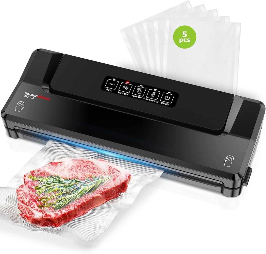 Bonsenkitchen Vacuum Sealer Machine | Compact Food Sealer for Kitchen Storage & Meal Prep | Multiple Modes | External Vacuum System | 5 Bags, Black