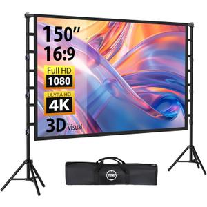 Outdoor Projector Screen with Stand: LEORFI 150 inch Projector Screen Portable, Indoor Projections Screen and Stand, Rear Front Movie Screen 16:9 4K Full HD,Support Height Adjustable for Home Theater (150"(131" x 110.2"))