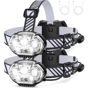 Rechargeable Headlamp, High Lumen 5 LED Head Lamp with Red White Light,IPX4 Waterproof Headlight,8 Mode Head Flashlight for Outdoor Running Hunting Fishing Hiking Camping Gear-2Pack (Black Grey)