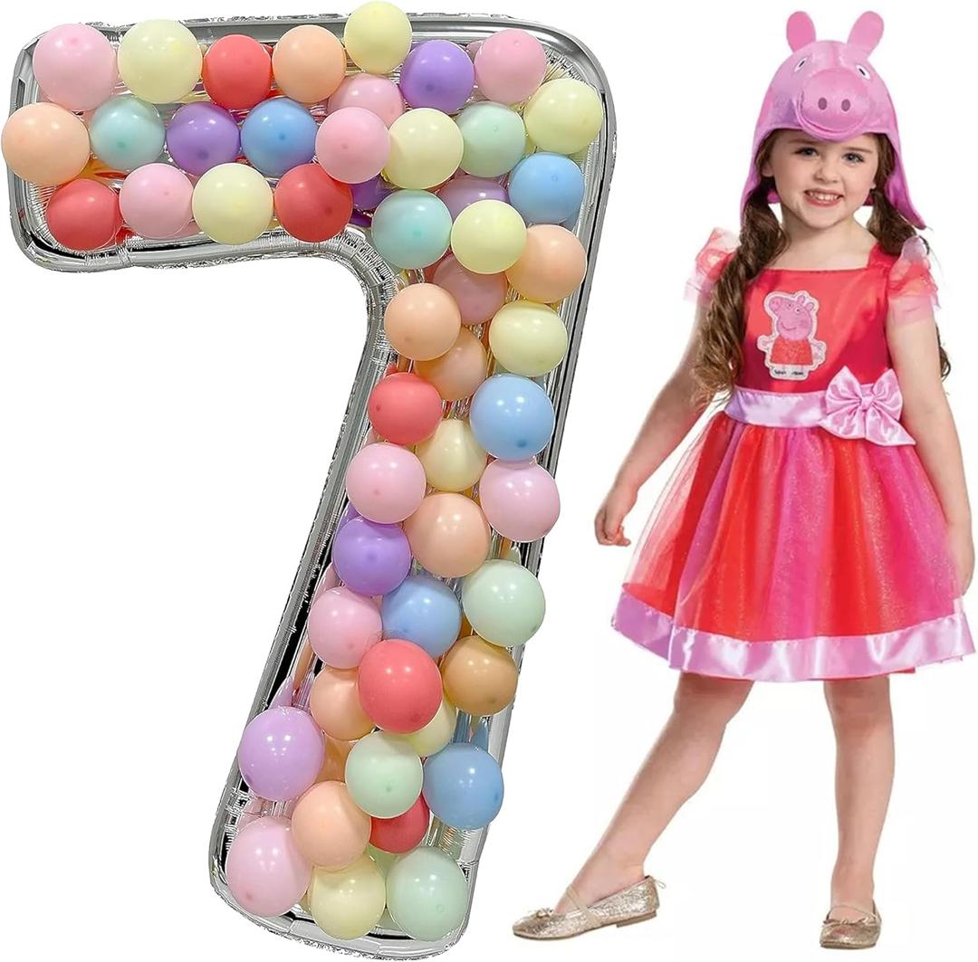 Skywin Large Numbers for Party Decor- 7, Big Numbers for Party Decorations 65 Inches (5.42 Feet) Mosaic Balloon Frame, Giant Number Eight Balloon Frame, Birthday Numbers(Silver) (Seven)