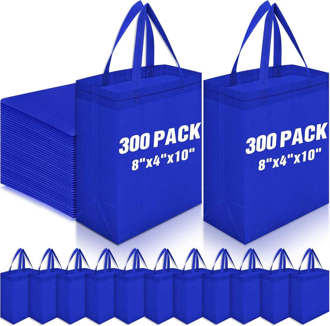 Windyun 300 Pcs Reusable Tote Bag Bulk 8 x 4 x 10 Inch Non Woven Shopping Bag with Handle Reusable Grocery Gift Tote (Royal Blue)