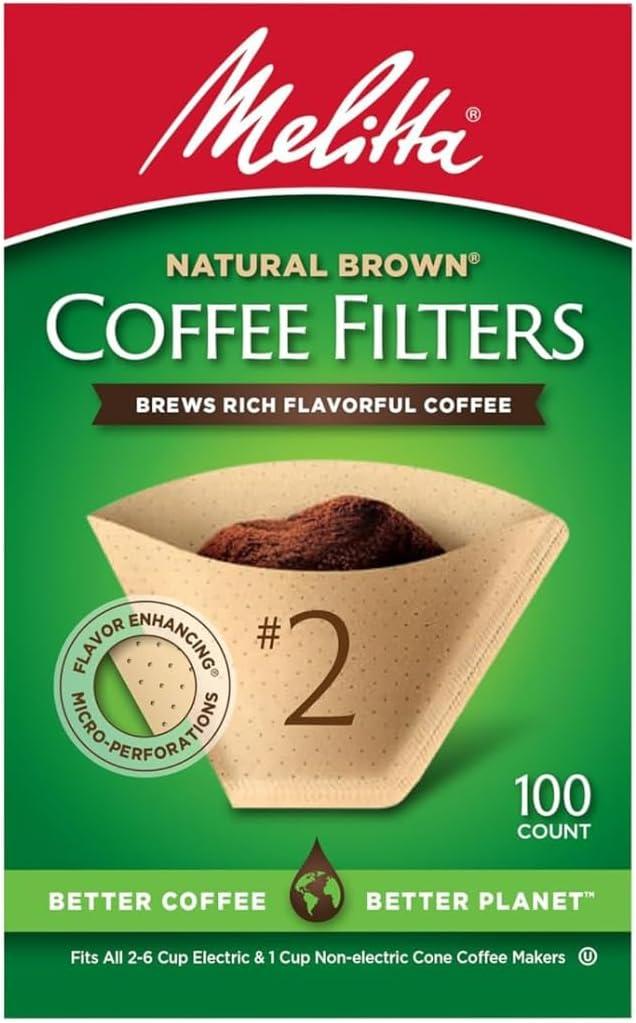 Melitta #2 Cone Coffee Filters, Natural Brown, 100 Count (Pack Of 1), 100 Total Filters Fits all 26 Cup Cone Coffee Makers and 1cup Pour Over Brewers, Compostable, Tear Resistant, Made in USA