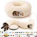 Cat Tunnel Bed with 40 Pcs Interactive Cat Toys, Cat Tube with Kitten Toys for Indoor Kittens, Collapsible Play Tunnel, White