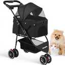 Pet Stroller,Dog Stroller for Small Medium Dogs Cats,3 Wheels,Foldable,with Breathable Mesh Canopy,Cup Holders,Easy Assembly,Black