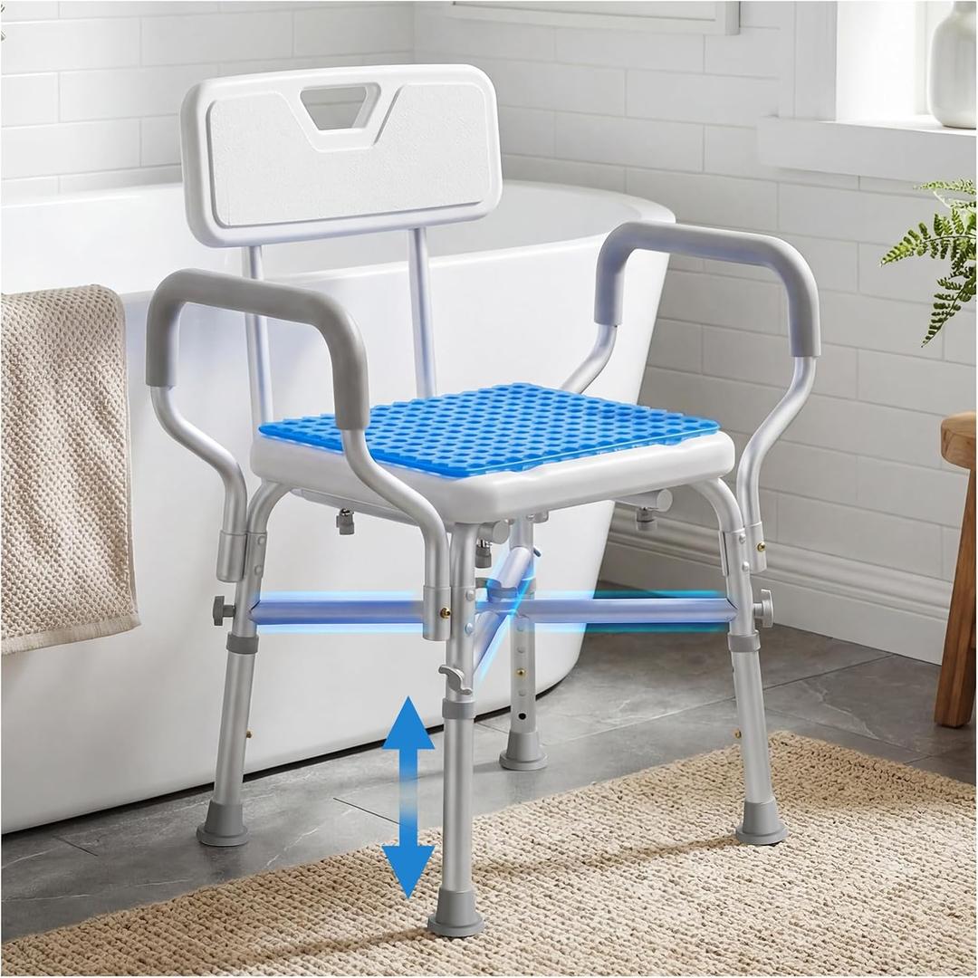 Onepeak Shower Chair for Inside Shower, 550 LBS Heavy Duty Bath Seat & Reinforced Crossbar, Padded Armrests, Removable Back, Gel Cushion, 6 Height Adjustable for Elderly, Disabled, Pregnant