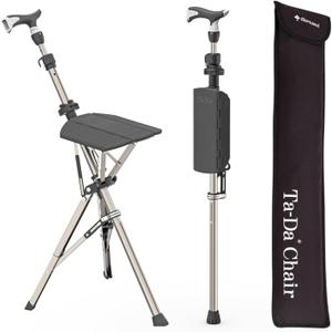 Ta-Da Chair Series 1 Pro, Portable Trekking Hiking Pole, Folding Walking Stick with Seat, Walking Cane with Chair, Foldable Chair, Lightweight Aluminum, Easy Carry and Storage, Anti-Slip (Black)