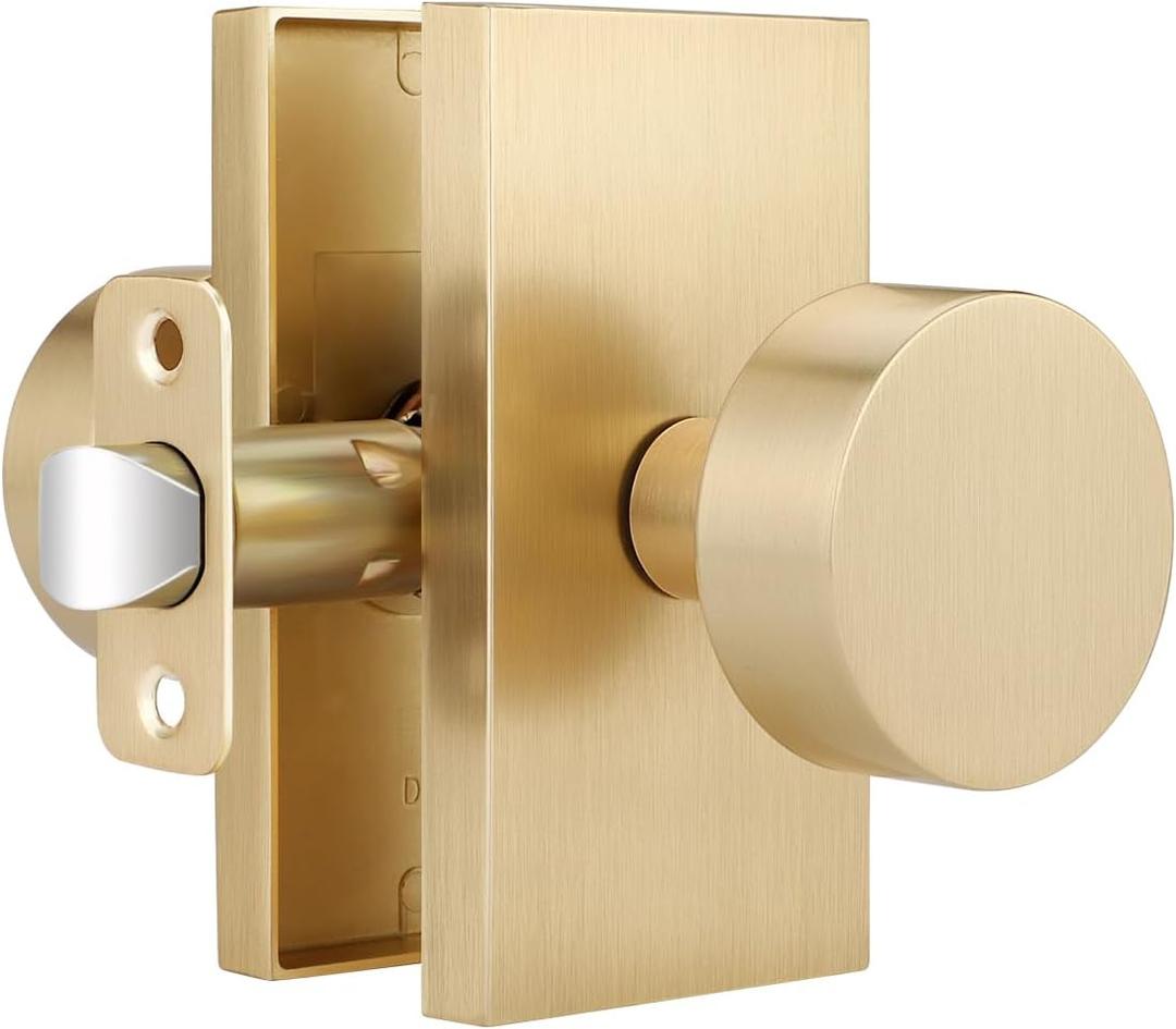Gold Door Knob 1 Pack, Door Knobs Interior No Lock, Modern Closet Door Knob, Keyless Passage Door Handle, Indoor Door Knob for Hall, Reversible for Left/Right Sided Doors, Satin Brass Door Knob