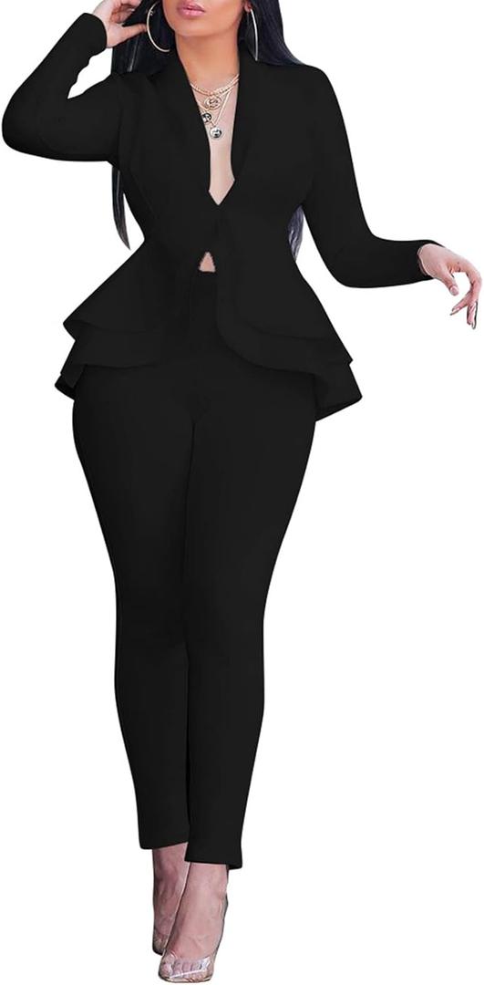 Salimdy Sexy 2 Piece Outfits for Women Long Sleeve Solid Blazer with Pants Casual Elegant Business Suit Sets (Black, XL)