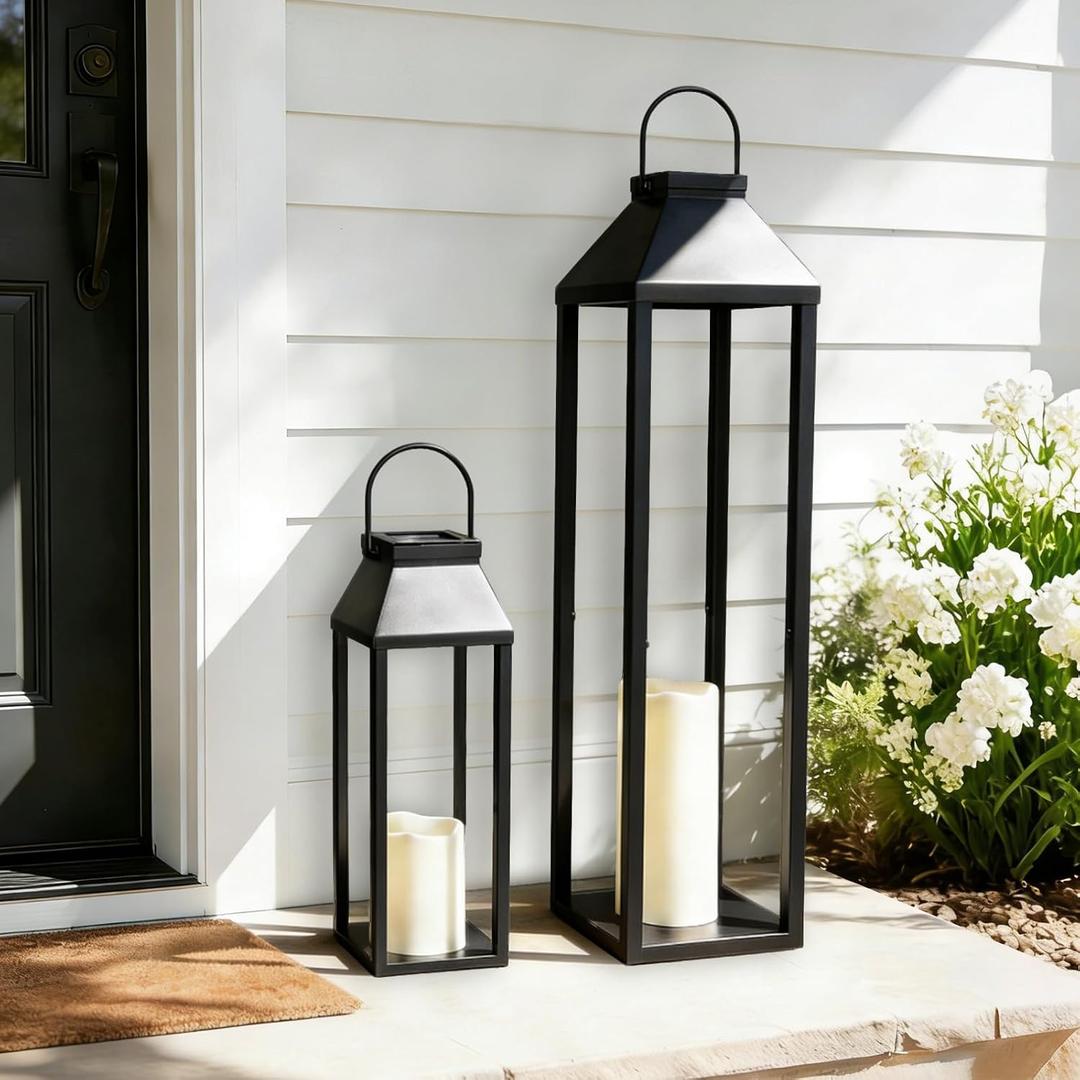 Large Outdoor Solar Lanterns Waterproof, Tall Farmhouse Black Metal Decorative Lanterns Solar Lights Outdoor for Front Porch Decor Outdoor Patio, Garden, Balcony, Porch, 27.6",16.3"-Set of 2