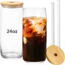 24oz Drinking Glass with Bamboo Lid and Straw, 2 Pack Glass Tumbler for Beer, Iced Coffee, Matcha Cup with 2 Straw Brush