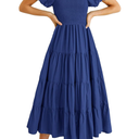 PRETTYGARDEN Women's Casual Summer Midi Dress Puffy Short Sleeve Square Neck Smocked Tiered Ruffle Dresses