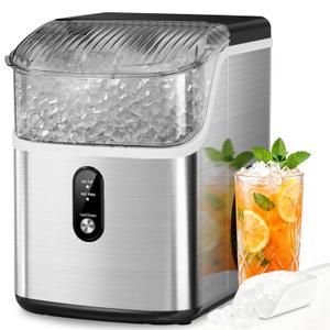 Nugget Ice Maker Countertop, Pebble Ice Machine with Soft Chewable Pellet Ice, 35Lbs/24H, Self-Cleaning, One-Click Operation for Kitchen, Office, Home, Stainless Steel Silver